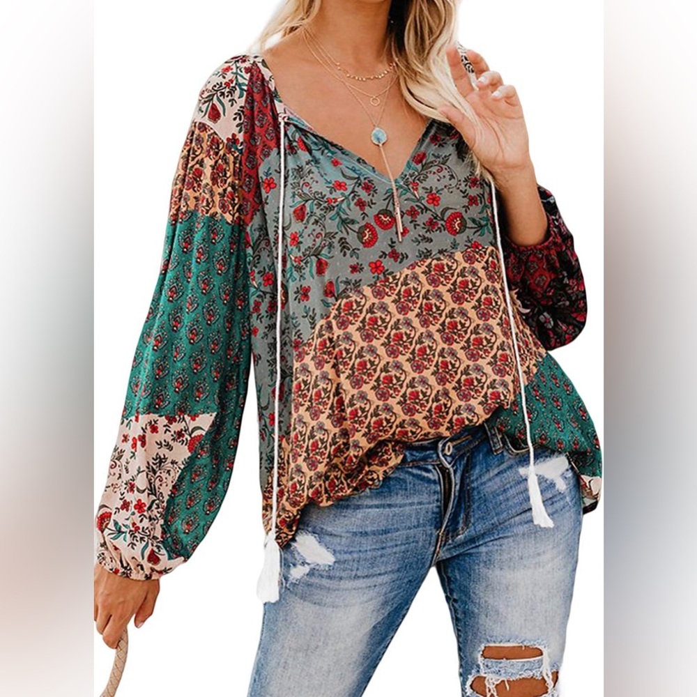 Women Floral Print V Neck Long Sleeve Shirts Casual Loose Boho Blouse Top
